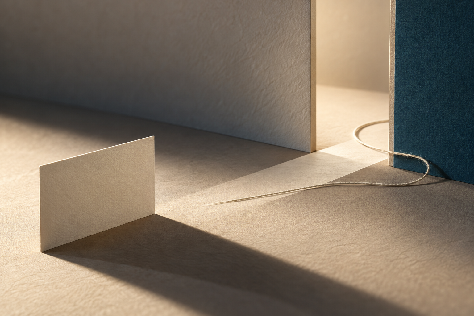 A blank card faces a paper threshold, with a cotton thread marking a narrow path.
