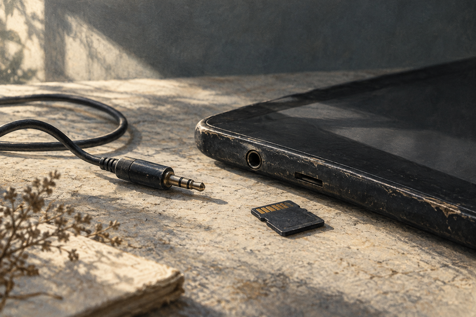A tablet edge, headphone cable and memory card lie on an ivory surface.