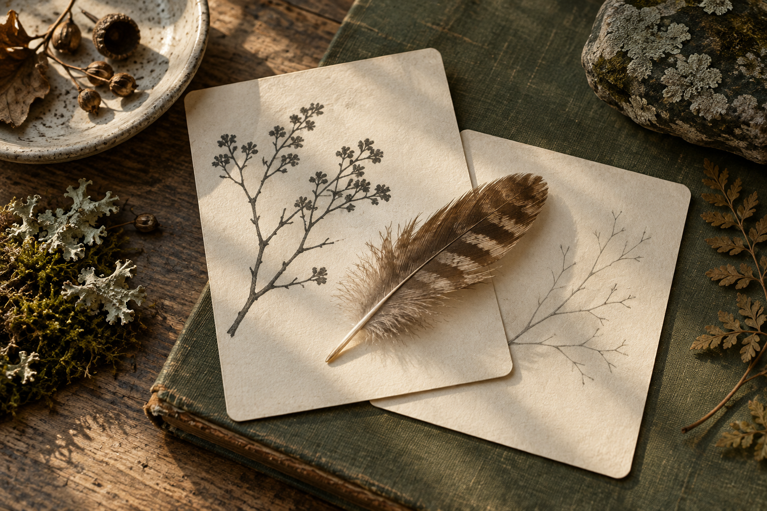 A feather crosses two blank classification cards on a naturalist’s table.