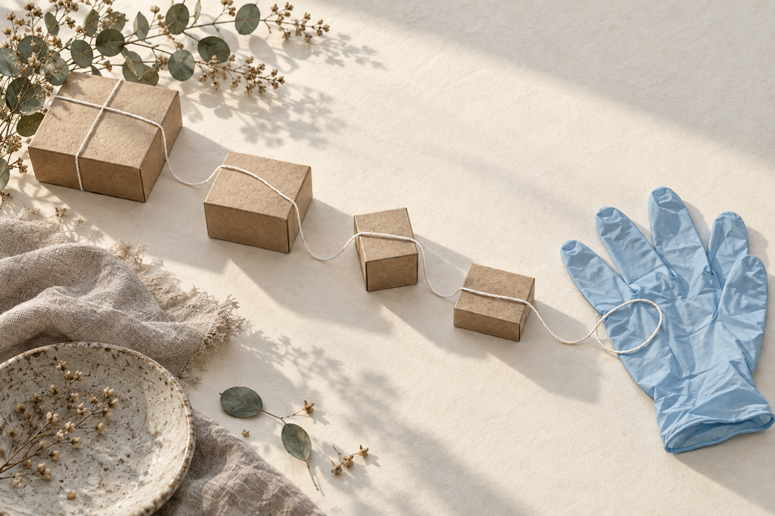 A cotton thread connects plain boxes with a pair of pale blue gloves.