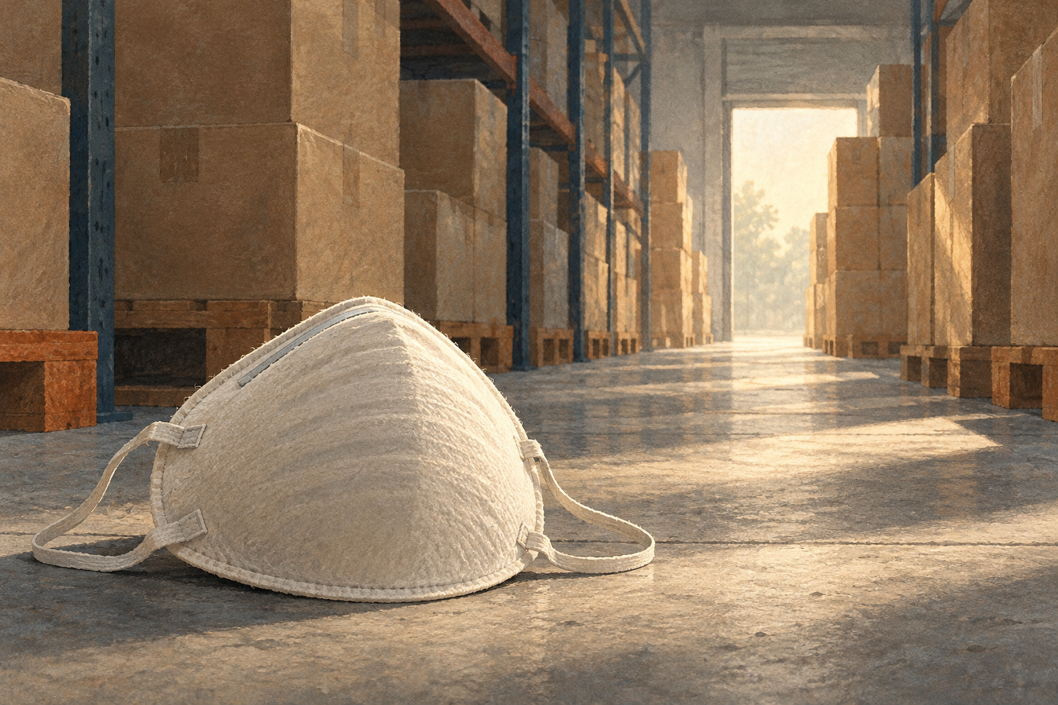 A clean respirator stands before an abstract warehouse corridor.