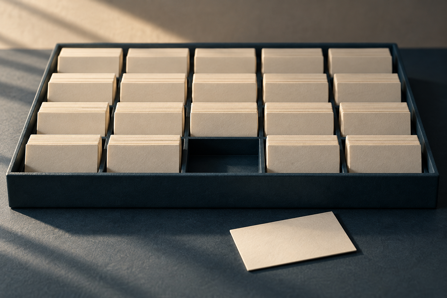 Blank index cards fill a blue tray, while one card rests beside an empty slot.