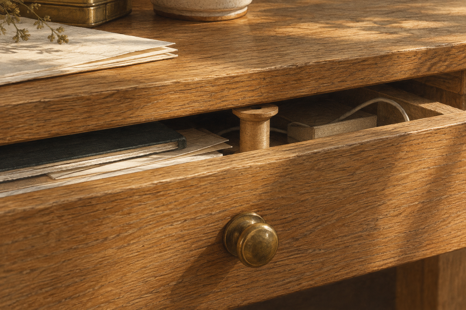 A wooden spool keeps an oak drawer slightly open.