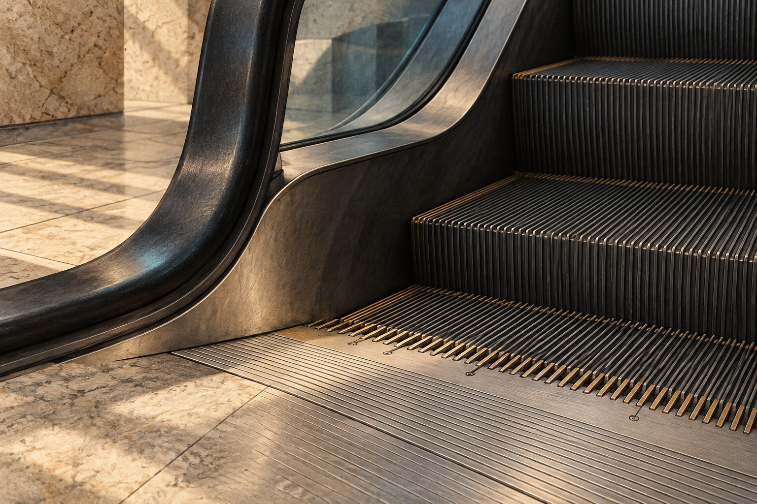 Grooved escalator steps meet the interlocking metal landing.