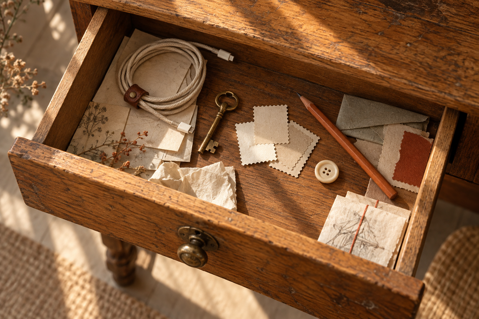 An oak drawer holds a key, cable, button, pencil and blank paper scraps.
