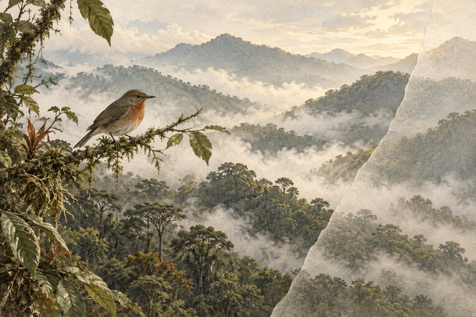An imagined forest bird rests above a misty mountain landscape.