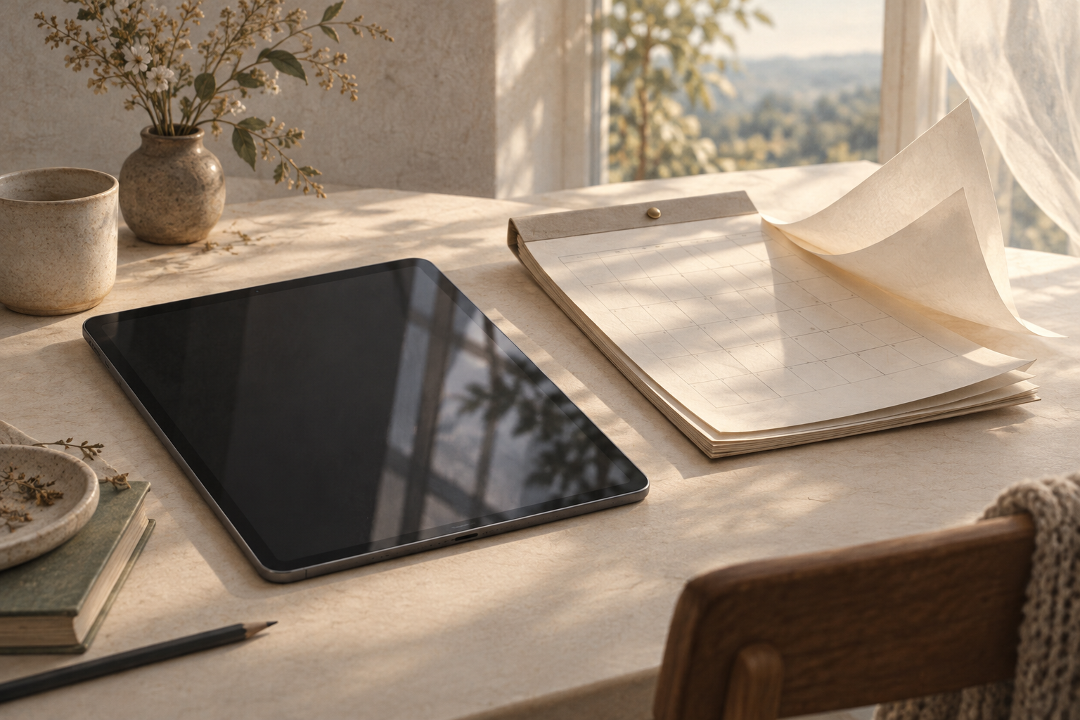 An unbranded tablet rests beside curling blank calendar pages.