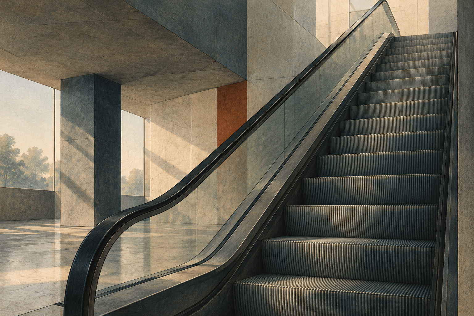 A stopped escalator rises through a quiet stone interior.