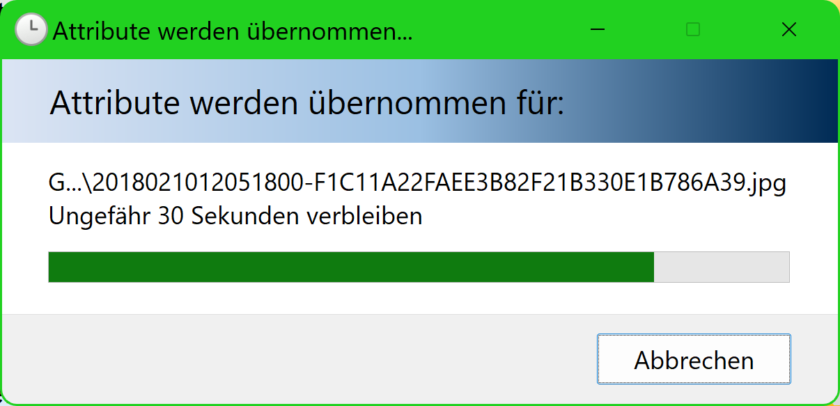 A Windows file-attribute dialog showing a nearly full bar and an estimated thirty seconds remaining.