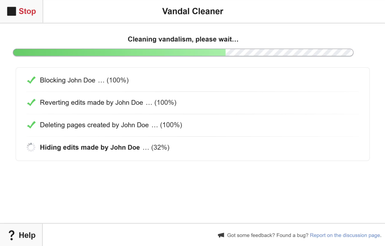 A Vandal Cleaner progress screen listing completed steps and a remaining step at 32 percent.