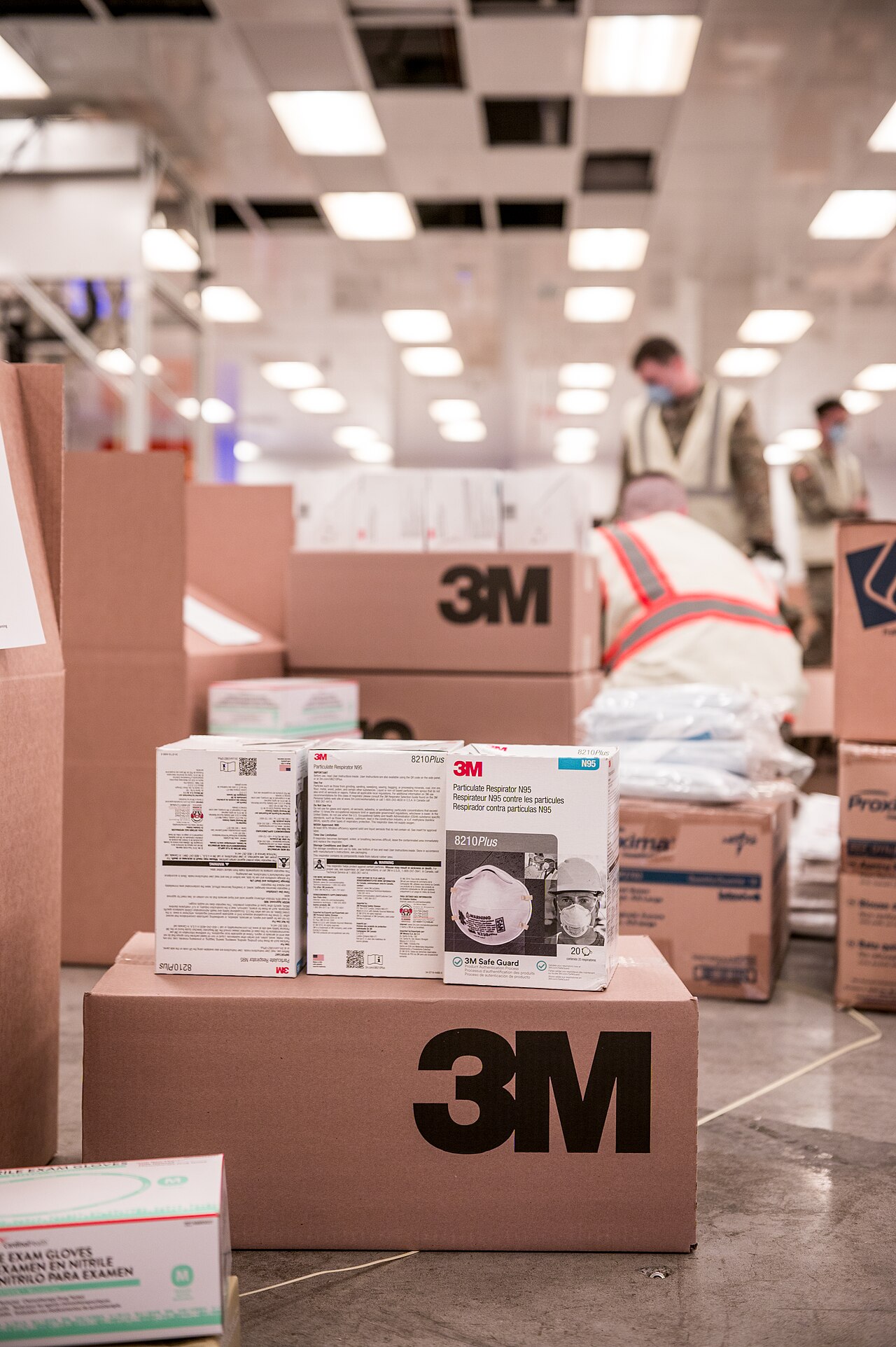 Stacks of boxed protective equipment in an Oregon warehouse.