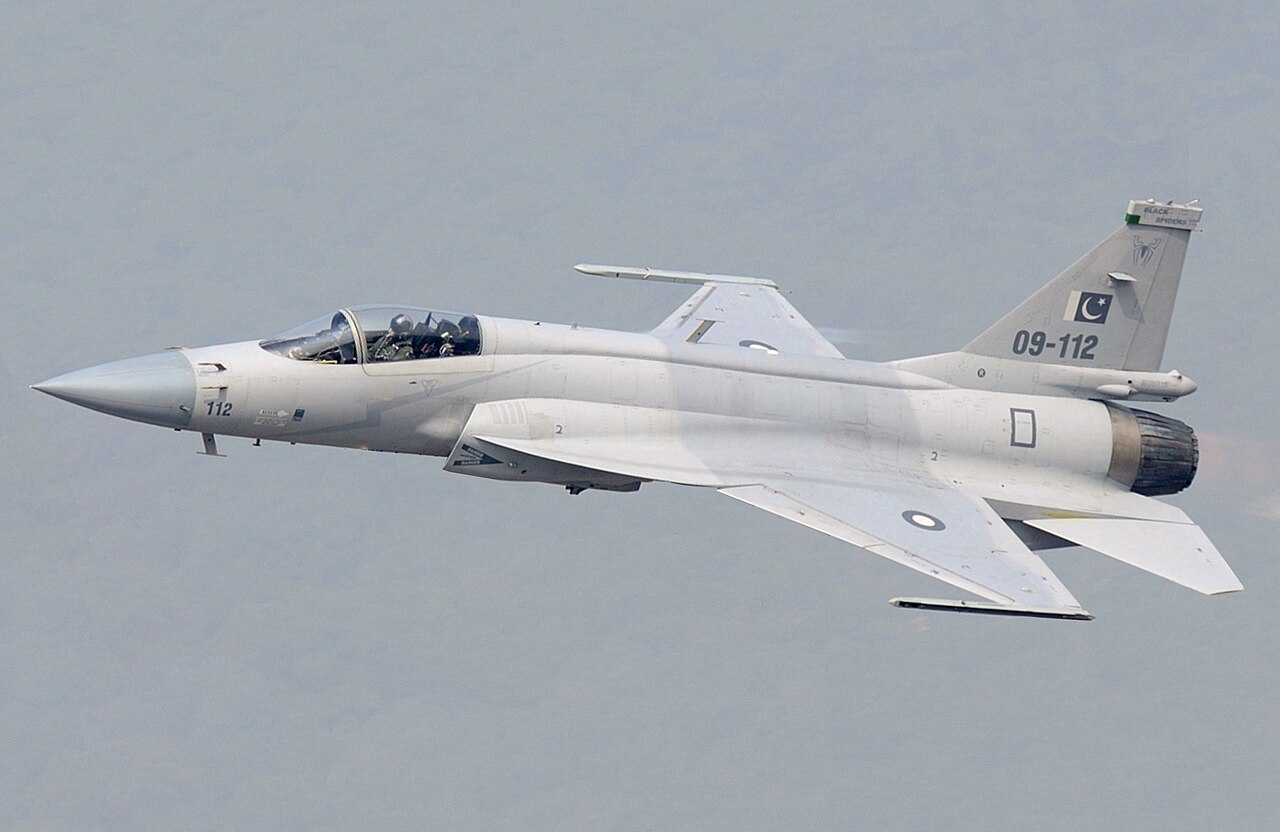 A Pakistan Air Force JF-17 aircraft in flight.
