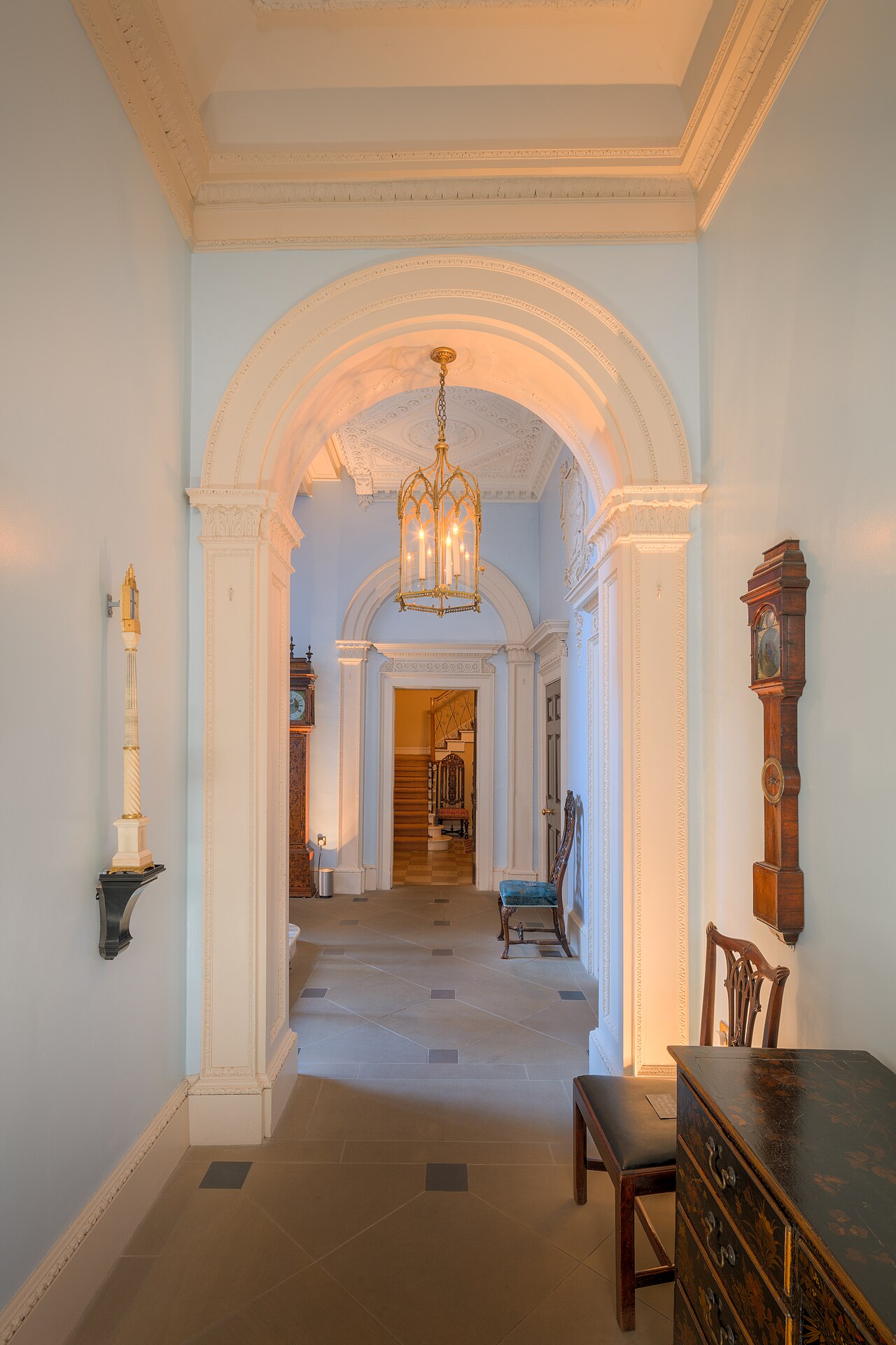 A pale corridor with several doorways in Fairfax House, York.