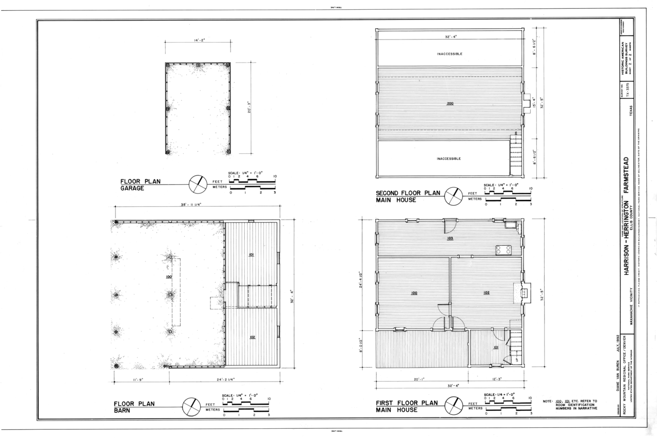 Measured architectural floor plans showing rooms, doors and stairs in a farmhouse.