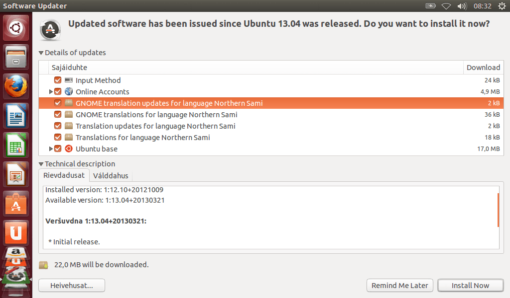 An Ubuntu Software Updater dialog offering to install updates or remind the user later.