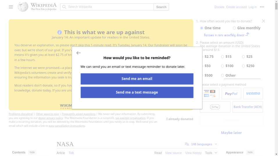 A reminder form offering a choice of email or text message.